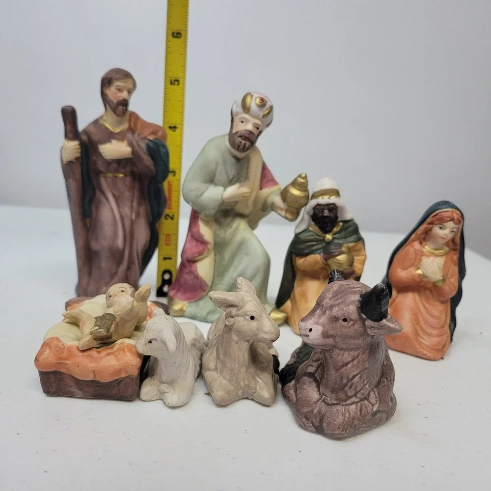 Ceramic Nativity‎ Wooden Moss Manger Religious Scene Handmade Vintage Mixed Race